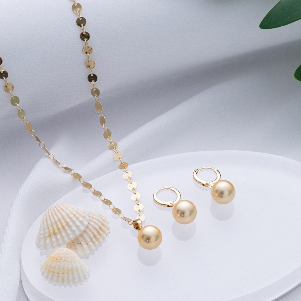 GOLD PLATED SHELL PEARL PENDANTS/NECKLACES WITH MATCHING EARRINGS