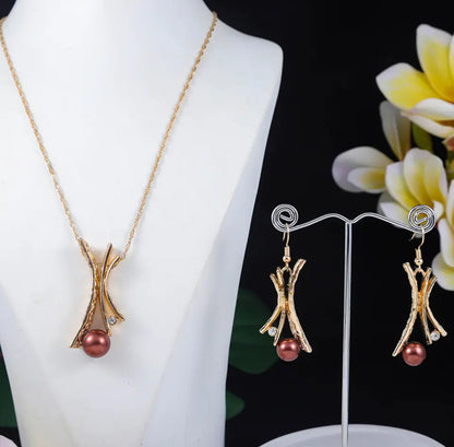 GOLD PLATED SHELL PEARL PENDANTS/NECKLACES WITH MATCHING EARRINGS