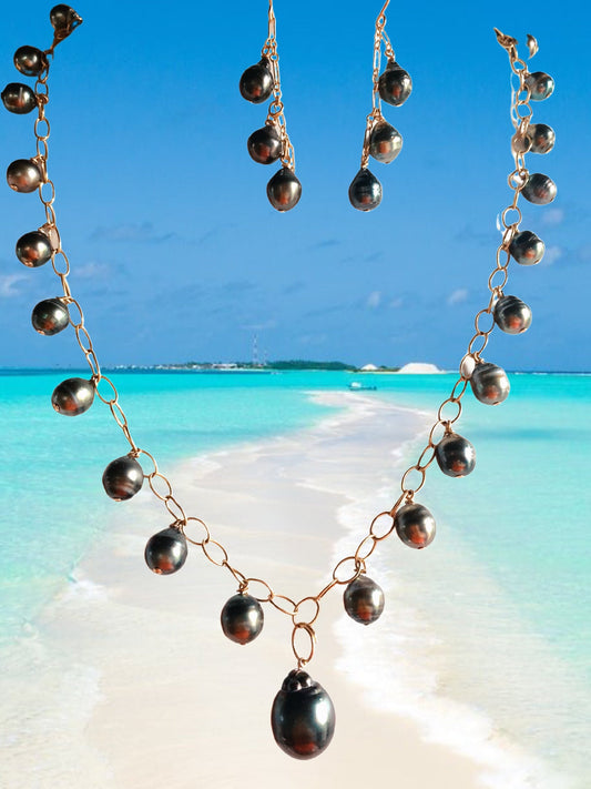 Tahitian black pearl necklace set